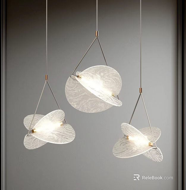 Three Modern Leaf Shaped Glass Pendant Lights With Gold Metal Frames Illuminated On Gray Wall 3d model 