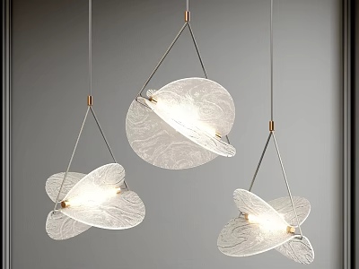 Three Modern Leaf Shaped Glass Pendant Lights With Gold Metal Frames Illuminated On Gray Wall 3d model