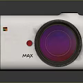 Digital Camera Featuring White Striped Body And Prominent Purple Lens Design