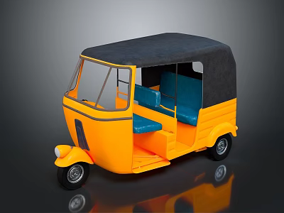 Yellow Auto Rickshaw With Black Roof Blue Seats And Open Door Design 3d model