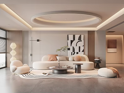 Modern Living Room Interior With Sofa Pillows Round Coffee Table Decorative Artwork And Lighting Fixture 3d model