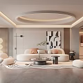 Modern Living Room Interior With Sofa Pillows Round Coffee Table Decorative Artwork And Lighting Fixture