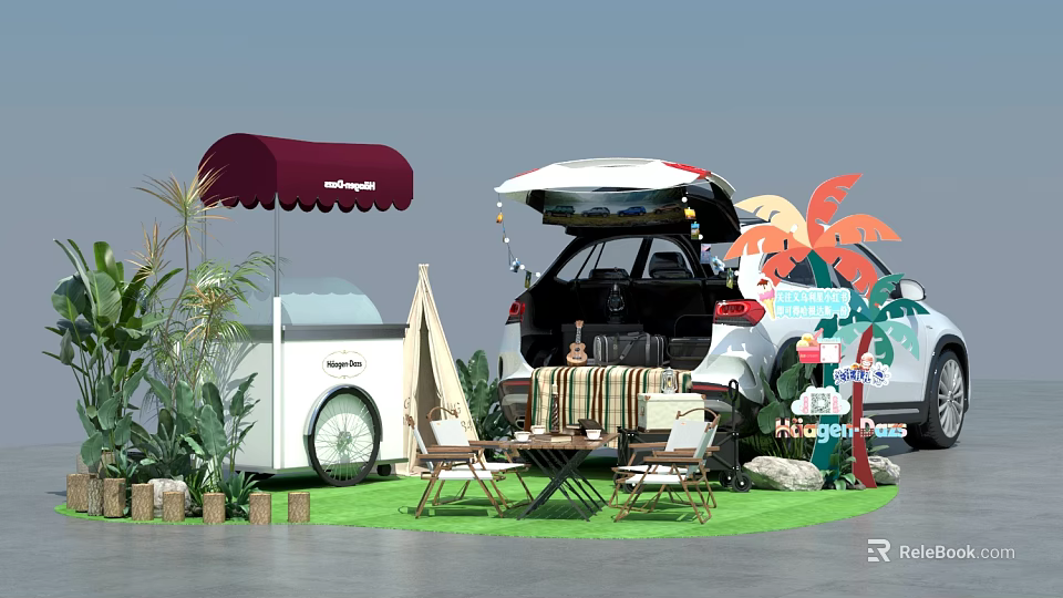 Outdoor Floral Installation With Car Trunk Canopy Cart Tent And Lawn Furniture 3d model 