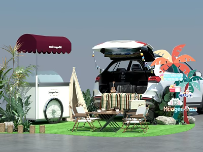 Outdoor Floral Installation With Car Trunk Canopy Cart Tent And Lawn Furniture 3d model