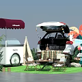 Outdoor Floral Installation With Car Trunk Canopy Cart Tent And Lawn Furniture