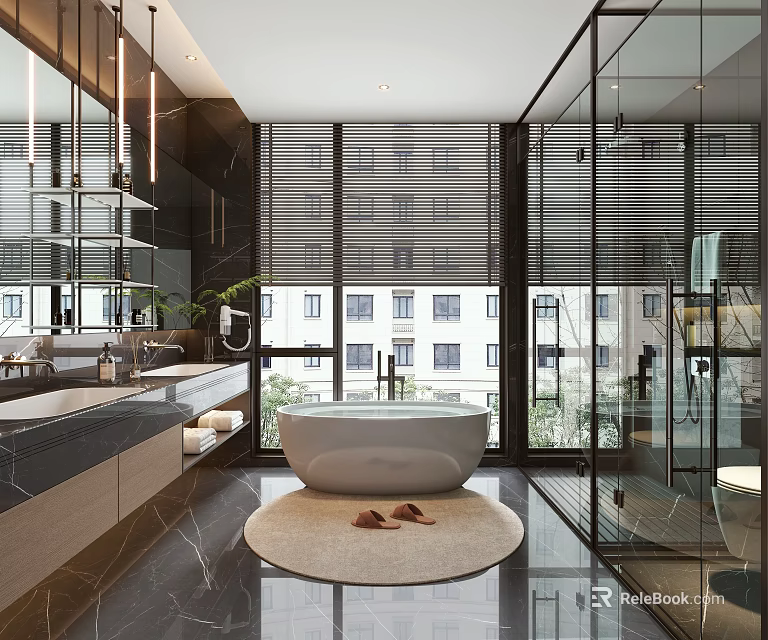 Modern Bathroom Interior Design With White Bathtub Marble Vanity And Glass Shower Enclosure 3d model 