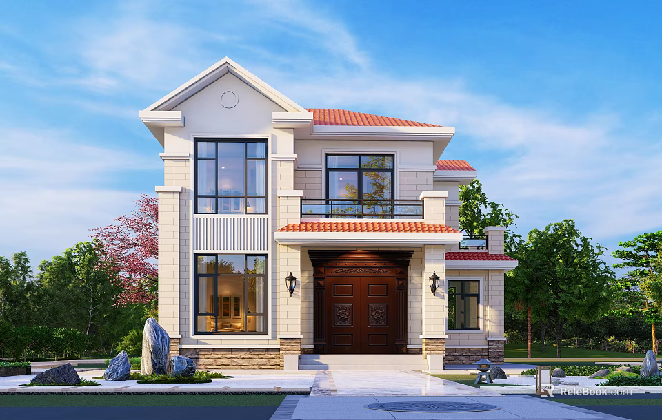 Modern Detached Villa With Red Tile Roof Large Windows Brown Door Green Trees 3d model 