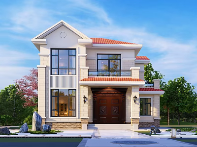 Modern Detached Villa With Red Tile Roof Large Windows Brown Door Green Trees 3d model