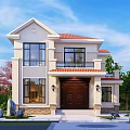 Modern Detached Villa With Red Tile Roof Large Windows Brown Door Green Trees