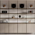 Modern Shelving Unit with Layered Shelves Decorative Items Framed Art and Cabinet Doors