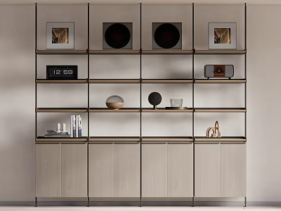 Modern Shelving Unit with Layered Shelves Decorative Items Framed Art and Cabinet Doors 3d model