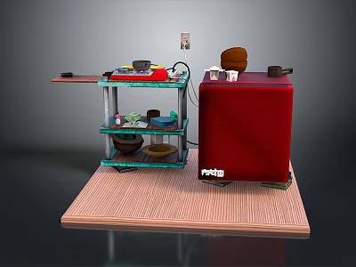 Home Kitchen Furniture Setup Including Red Cabinet Multi Layer Shelf Chair And Dishes 3d model