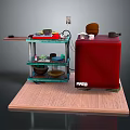 Home Kitchen Furniture Setup Including Red Cabinet Multi Layer Shelf Chair And Dishes