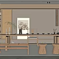 Traditional Tea Room Interior Design With Wooden Long Table Tea Sets Bench And Hanging Painting
