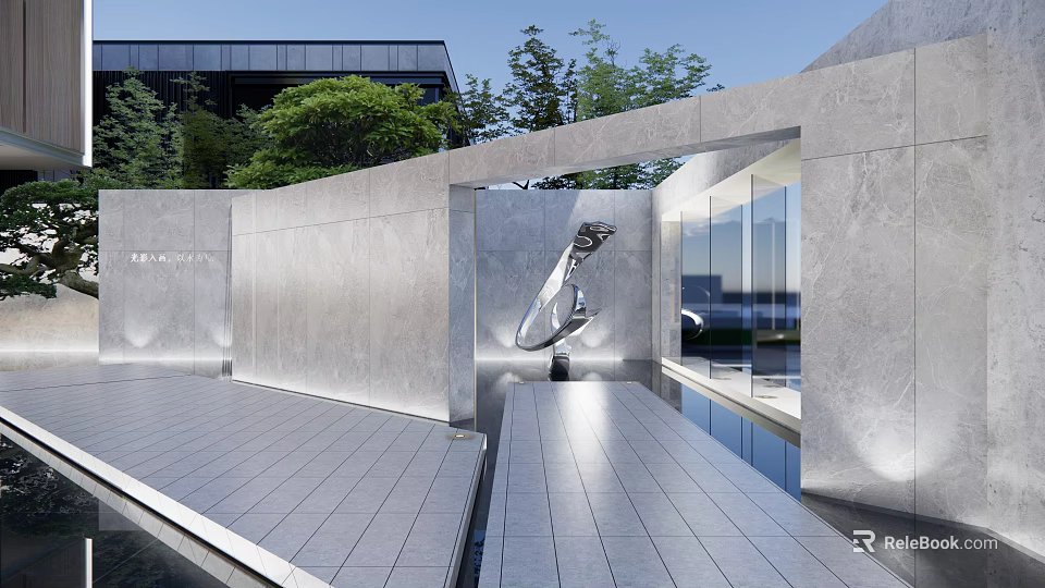Modern Outdoor Sculpture In Stone Wall And Glass Structure Courtyard Setting 3d model 