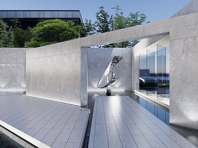 Modern Outdoor Sculpture In Stone Wall And Glass Structure Courtyard Setting 3d model