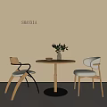 Modern Negotiation Table and Two Chairs with Round Wooden Top Vase Green Plants