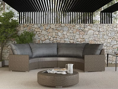 Outdoor Wicker Sofa With Gray Cushions Round Coffee Table And Green Plants By Stone Wall 3d model