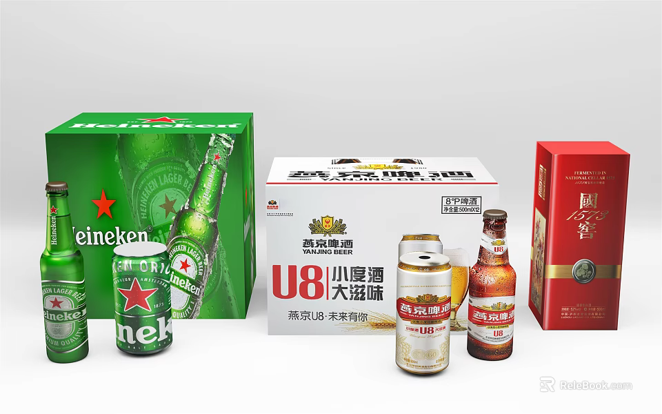 Different Types Of Beer Bottles And Glasses Display With Packaging Boxes 3d model 