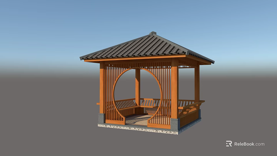Traditional Chinese Wooden Pavilion With Circular Opening Lattice Design Tiled Roof And Bench 3d model 