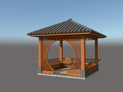 Traditional Chinese Wooden Pavilion With Circular Opening Lattice Design Tiled Roof And Bench 3d model