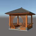 Traditional Chinese Wooden Pavilion With Circular Opening Lattice Design Tiled Roof And Bench