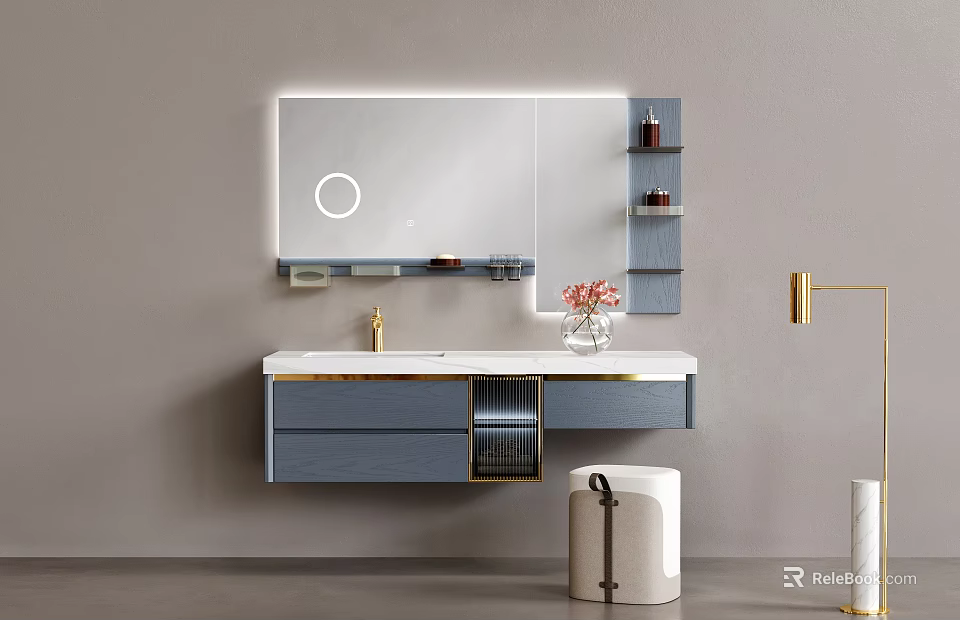 Modern Wall Mounted Bathroom Vanity With LED Lit Mirror Blue Cabinet And White Countertop 3d model 