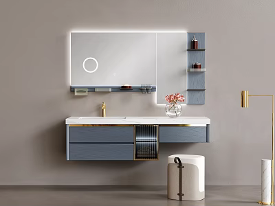 Modern Wall Mounted Bathroom Vanity With LED Lit Mirror Blue Cabinet And White Countertop 3d model