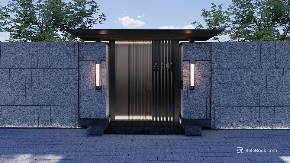 Modern Building Exterior Wall Featuring Gray Stone Surface Symmetric Lamps And Black Stripe Door 3d model 
