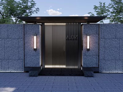 Modern Building Exterior Wall Featuring Gray Stone Surface Symmetric Lamps And Black Stripe Door 3d model
