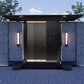 Modern Building Exterior Wall Featuring Gray Stone Surface Symmetric Lamps And Black Stripe Door