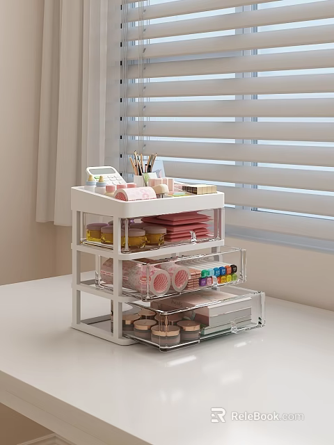 White Multi Layer Storage Rack With Transparent Drawers For Desktop Organizing 3d model 
