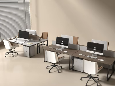 Modern Office Desk Setup With Computers Ergonomic Chairs And Partition Panels In Workspace 3d model