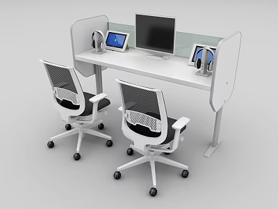 Modern Conference Table With Partition Screens Computer Monitor Tablet Headphones And Mesh Office Chairs 3d model