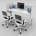 Modern Conference Table With Partition Screens Computer Monitor Tablet Headphones And Mesh Office Chairs