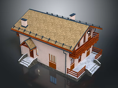Two Story Residential Building With Sloped Tile Roof Chimney And Wooden Balcony Railing 3d model