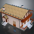Two Story Residential Building With Sloped Tile Roof Chimney And Wooden Balcony Railing