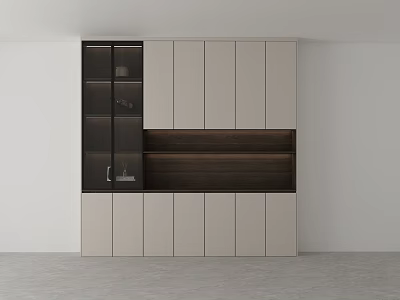 Modern Decorative Cabinet With White And Dark Wood Panels And Glass Doors For Living Room 3d model
