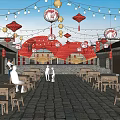 Traditional Commercial Street With Stone Paved Pathway Outdoor Tables Red Lanterns And String Lights