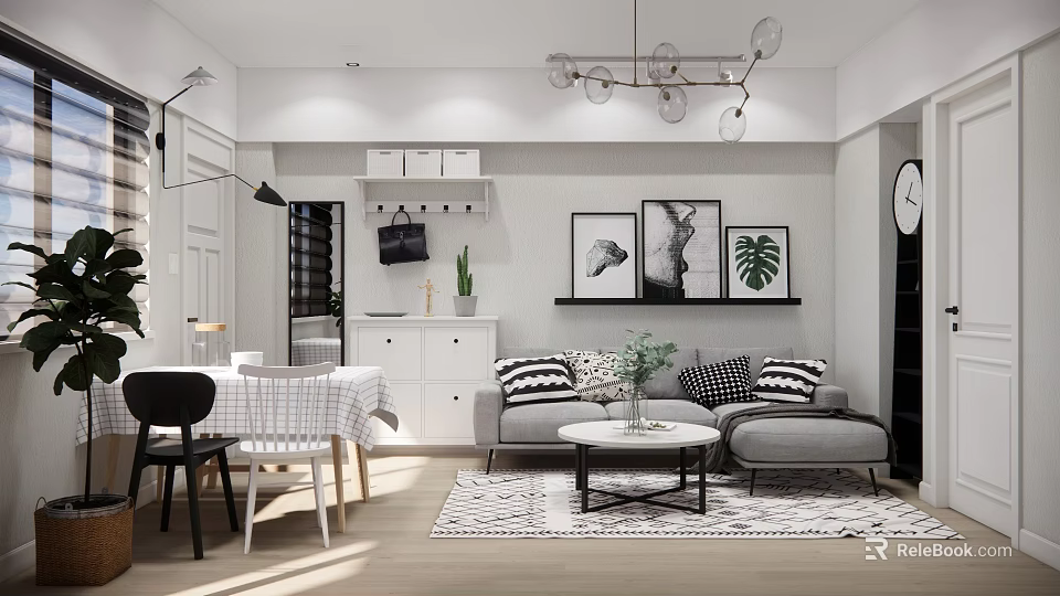 Modern Living Dining Room Interior Design With Sofa Coffee Table Dining Chairs And Decorative Paintings 3d model 