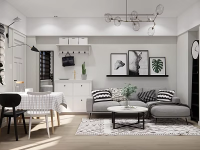 Modern Living Dining Room Interior Design With Sofa Coffee Table Dining Chairs And Decorative Paintings 3d model