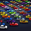 Colorful Small Cars In Various Colors Neatly Arranged On Dark Background