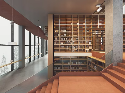 Modern Library Aesthetics With Bookshelves Staircase And Large Windows 3d model