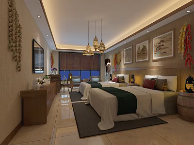 Hotel Guest Room Featuring Twin Beds Hanging Chandeliers Decorative Paintings Area Rug And Wall Decorations 3d model