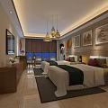 Hotel Guest Room Featuring Twin Beds Hanging Chandeliers Decorative Paintings Area Rug And Wall Decorations