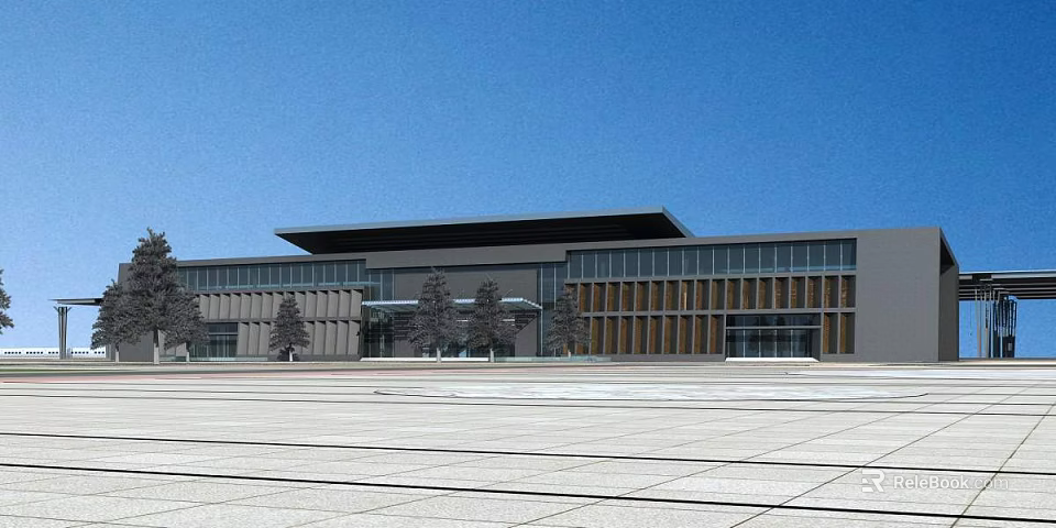 Modern Public Building Facade With Large Glass Windows Gray Walls And Plaza 3d model 