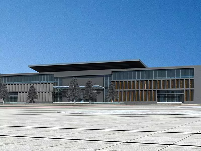 Modern Public Building Facade With Large Glass Windows Gray Walls And Plaza 3d model
