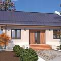 Light House Exterior With Dark Roof Wooden Door Steps Orange Leaved Tree And Green Shrubs