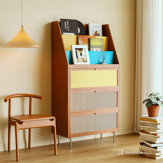 Wooden Storage Cabinet With Rattan Design Yellow Drawer Decorative Books Photo Frame And Vase 3d model 