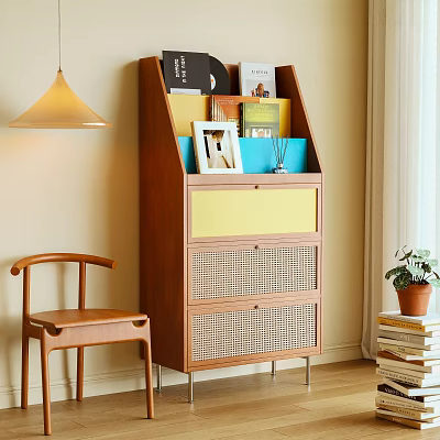 Wooden Storage Cabinet With Rattan Design Yellow Drawer Decorative Books Photo Frame And Vase 3d model